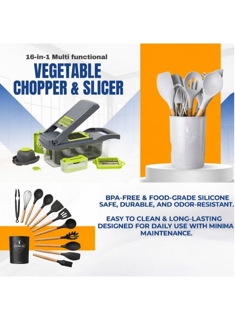 TaimAs Kitchen Bundle Set – 16-in-1 Vegetable Chopper & Slicer + 12-Piece Silicone Kitchen Utensil Set + Oil Spray Bottle - Image 3